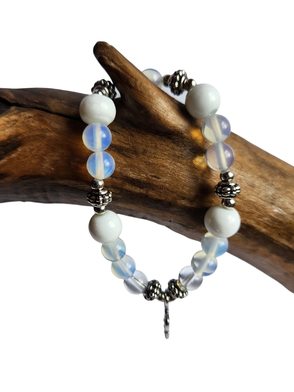Opalite and White Glass Bead Stretch Bracelet - Opalescent Blue-White
